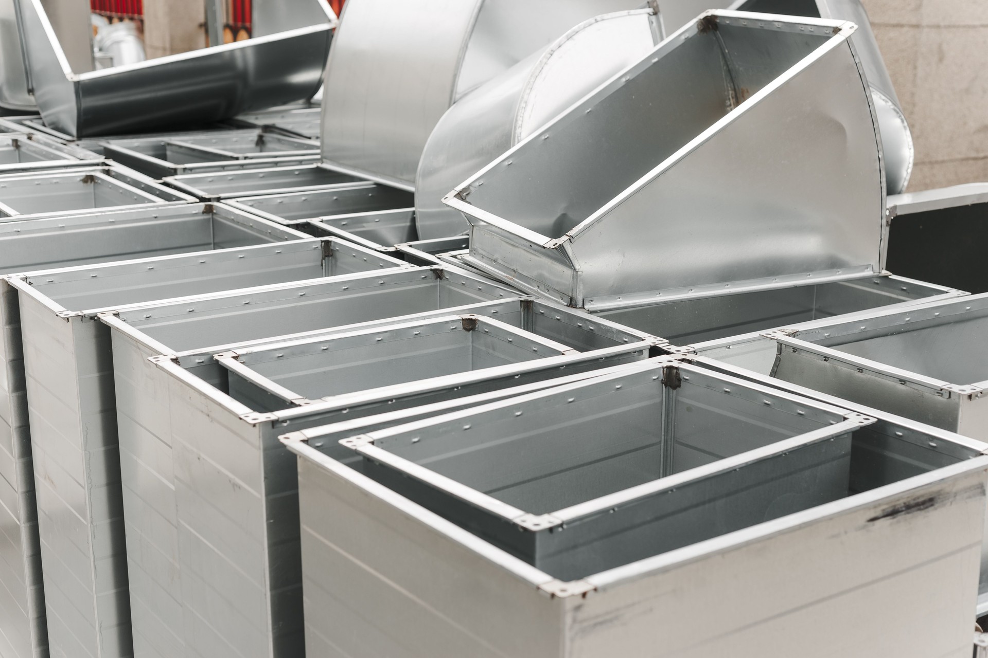 Ventilation rectangular ducts and pipeline parts on store outdoors